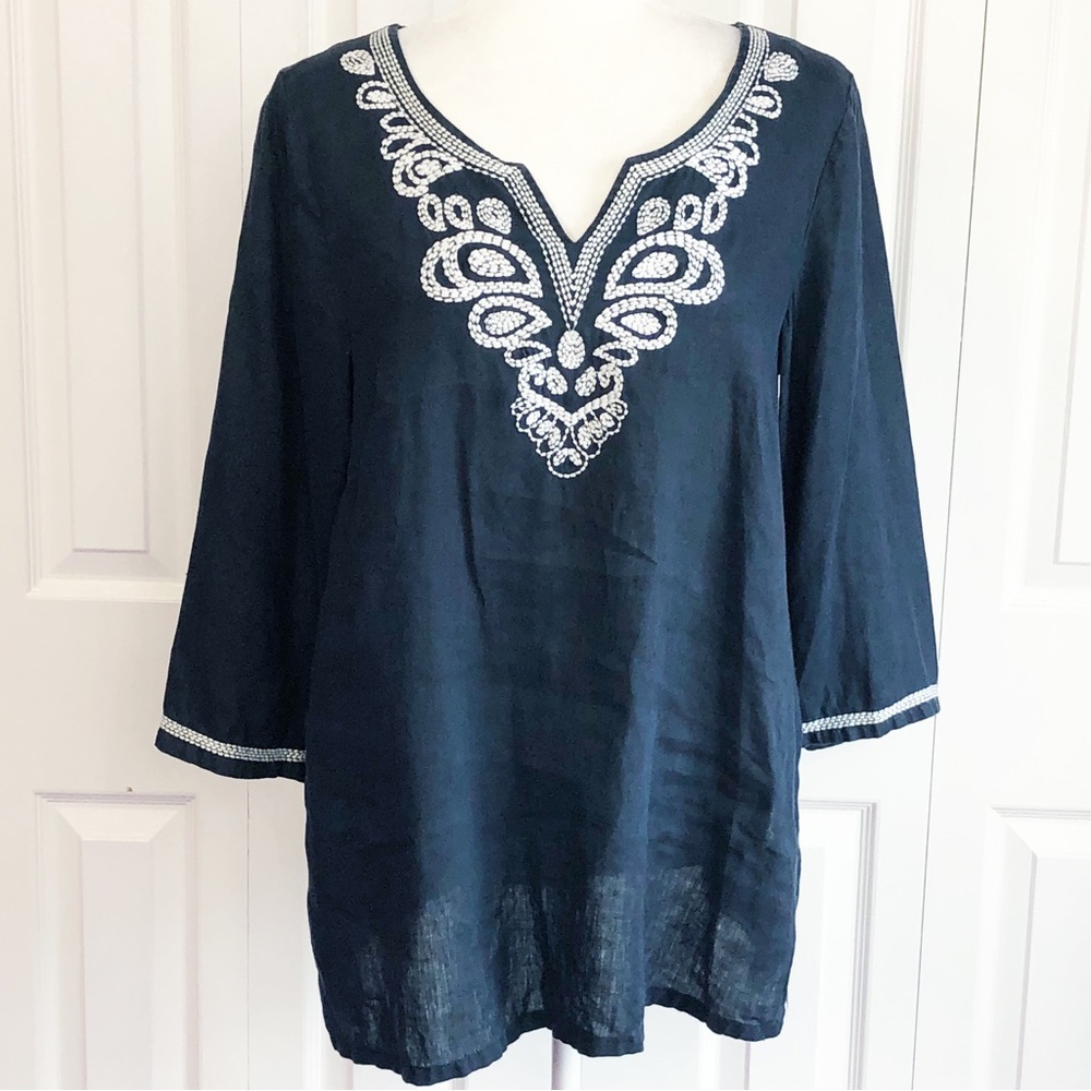 Blue Saks Fifth Avenue Embroidered 100% Linen 3/4 Sleeve Blouse Large